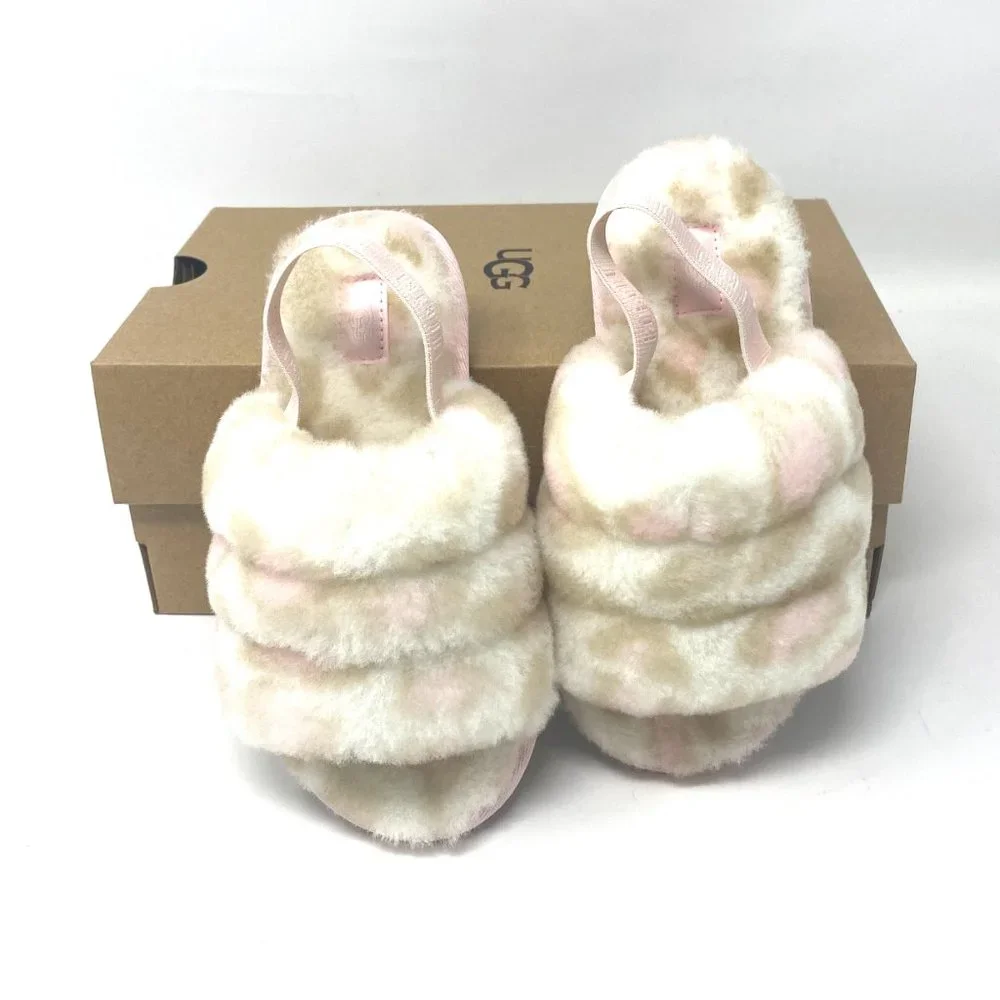 UGG Kids Size 11T 1123641T WHT FLUFF YEAH SLIDE PANTHER PRINT Sandal White Beige - Picture 4 of 9